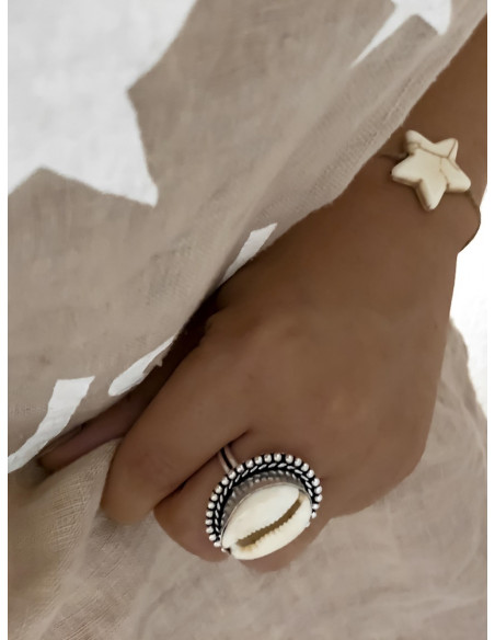 bague coquillage argent cauri blanc