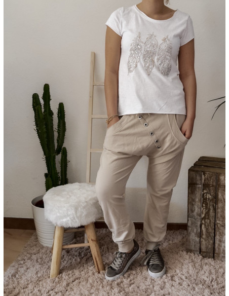 Pantalon de jogging pour femme en coton BEIGE coupe sarouel avec bouton survêtement chic made in italy