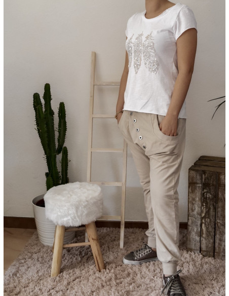 Pantalon de jogging pour femme en coton BEIGE coupe sarouel avec bouton survêtement chic made in italy
