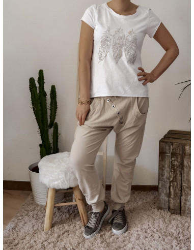 Pantalon de jogging pour femme en coton BEIGE coupe sarouel avec bouton survêtement chic made in italy