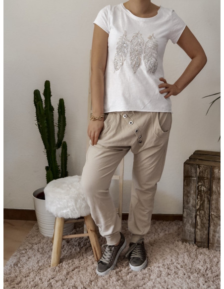 Pantalon de jogging pour femme en coton BEIGE coupe sarouel avec bouton survêtement chic made in italy
