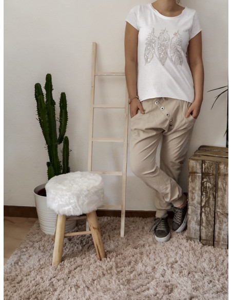 Pantalon de jogging pour femme en coton BEIGE coupe sarouel avec bouton survêtement chic made in italy