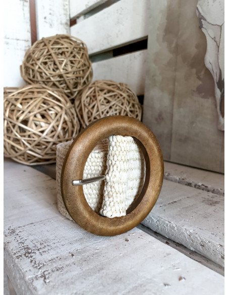 Ceinture large boucle ronde en bois - Beige clair