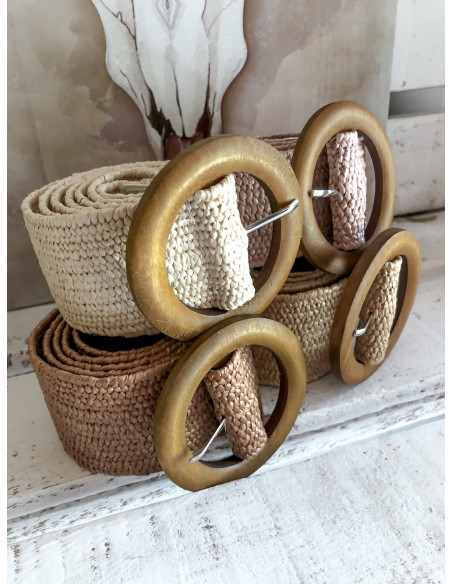 Ceinture large boucle ronde en bois - Beige clair