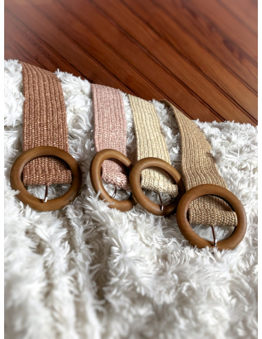 Ceinture large boucle ronde en bois - Rose pale poudré