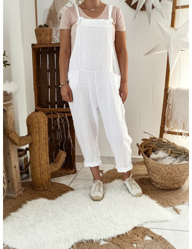 Combinaison femme en lin salopette blanche matière naturelle et noble combi made in italy fluide ample lose