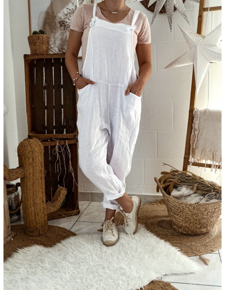 Combinaison femme en lin salopette blanche matière naturelle et noble combi made in italy fluide ample lose