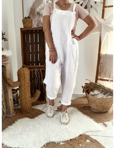 Combinaison femme en lin salopette blanche matière naturelle et noble combi made in italy fluide ample lose