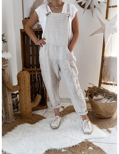 Combinaison femme en lin salopette beige matière naturelle et noble combi made in italy fluide ample lose