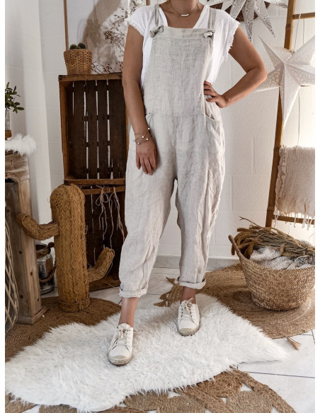 Combinaison femme en lin salopette beige matière naturelle et noble combi made in italy fluide ample lose