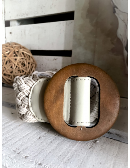 Ceinture tressée beige avec boucle en bois - Style naturel et bohème
