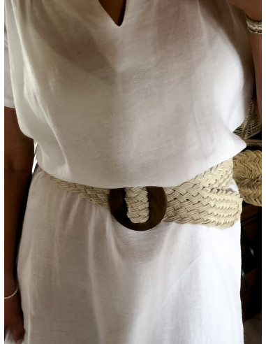 Ceinture tressée beige avec boucle en bois - Style naturel et bohème