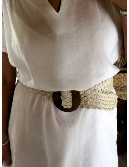 Ceinture tressée beige avec boucle en bois - Style naturel et bohème