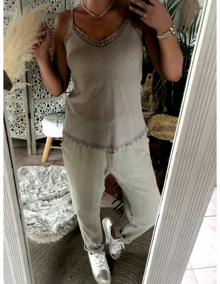 Débardeur Beige à Bretelles Réglables avec Liserés en Macramé - Jolie coupe et Matière Naturelle - Lin et coton