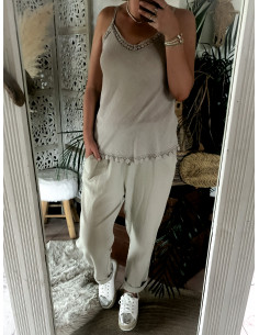 Débardeur Beige à Bretelles Réglables avec Liserés en Macramé - Jolie coupe et Matière Naturelle - Lin et coton 2