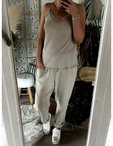 Débardeur Beige à Bretelles Réglables avec Liserés en Macramé - Jolie coupe et Matière Naturelle - Lin et coton