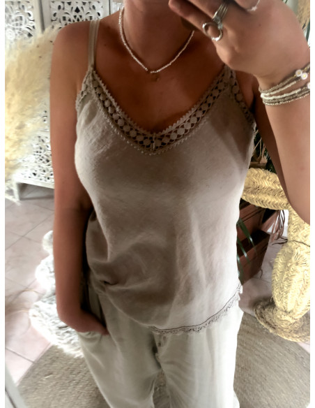 Débardeur Beige à Bretelles Réglables avec Liserés en Macramé - Jolie coupe et Matière Naturelle - Lin et coton