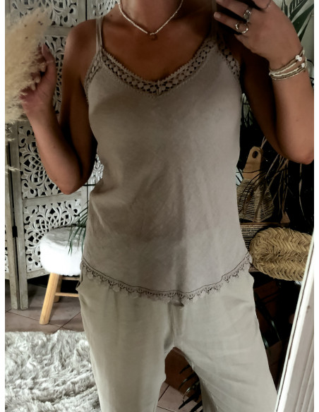 Débardeur Beige à Bretelles Réglables avec Liserés en Macramé - Jolie coupe et Matière Naturelle - Lin et coton
