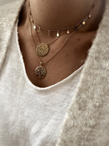 Collier plaqué or THEO femme chaine et pendentif MÉDAILLE MARTELÉE bijoux plaqué or tendance femme