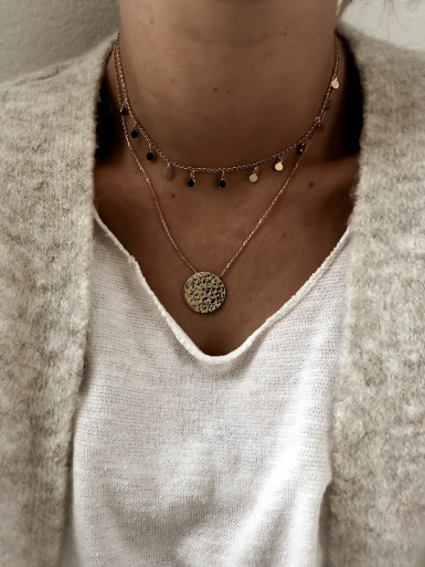 Collier plaqué or THEO femme chaine et pendentif MÉDAILLE MARTELÉE bijoux plaqué or tendance femme