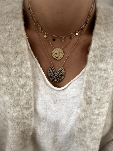 Collier plaqué or INKA femme chaine et pendentif medaille gravure motif azteque bijoux plaqué or tendance femme