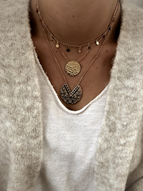 Collier plaqué or INKA femme chaine et pendentif medaille gravure motif azteque bijoux plaqué or tendance femme