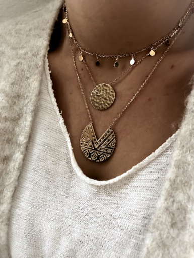 Collier plaqué or INKA femme chaine et pendentif medaille gravure motif azteque bijoux plaqué or tendance femme