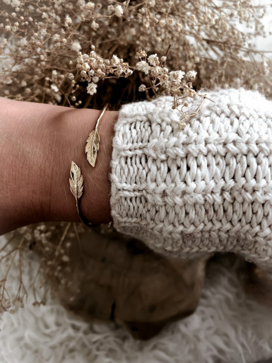 Bracelet jonc plaqué or PLUMES fin avec double plumes bijoux plaqué or tendance femme