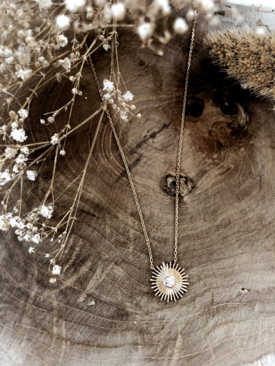 Collier plaqué or SOLAR femme chaine et SOLEIL STRASS ET STRASS ZIRCONIUM bijoux plaqué or tendance femme