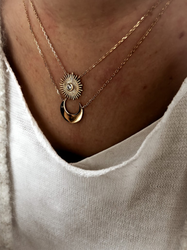 Collier plaqué or SOLAR femme chaine et SOLEIL STRASS ET STRASS ZIRCONIUM bijoux plaqué or tendance femme