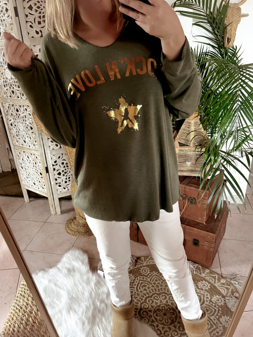 Pull Kaki "ROCK'N LOVE" - Doux et Chaud - Made in Italy