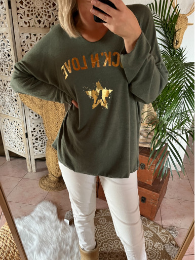 Pull Kaki "ROCK'N LOVE" - Doux et Chaud - Made in Italy