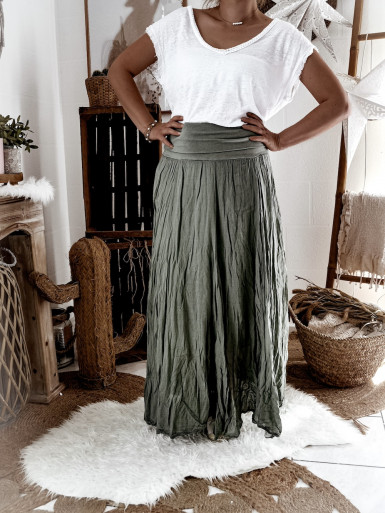 Jupe Kaki en Voile de Coton Made in Italy - Taille Unique, Élastique et Légère Jupe Kaki en Voile de Coton Made in Italy - Taille Unique, Élastique et Légère