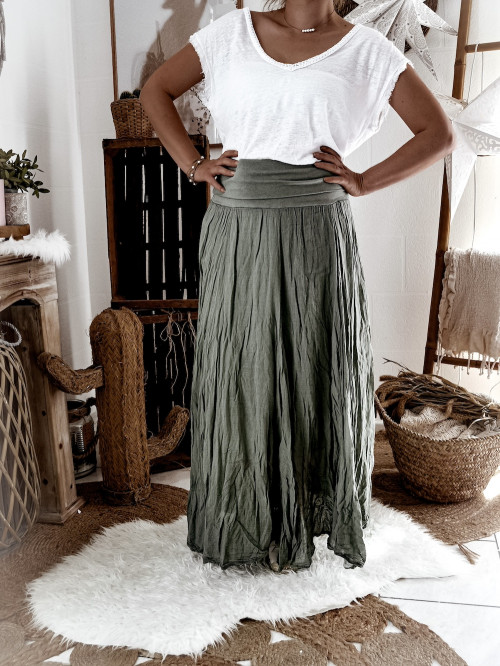 Jupe Kaki en Voile de Coton Made in Italy - Taille Unique, Élastique et Légère Jupe Kaki en Voile de Coton Made in Italy - Taille Unique, Élastique et Légère