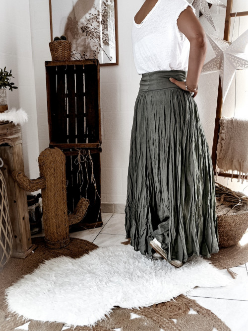 Jupe Kaki en Voile de Coton Made in Italy - Taille Unique, Élastique et Légère Jupe Kaki en Voile de Coton Made in Italy - Taille Unique, Élastique et Légère