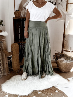 Jupe Kaki en Voile de Coton Made in Italy - Taille Unique, Élastique et Légère