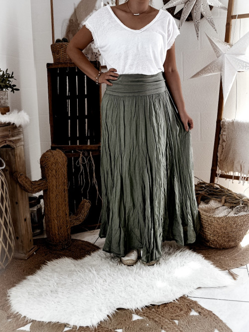 Jupe Kaki en Voile de Coton Made in Italy - Taille Unique, Élastique et Légère Jupe Kaki en Voile de Coton Made in Italy - Taille Unique, Élastique et Légère