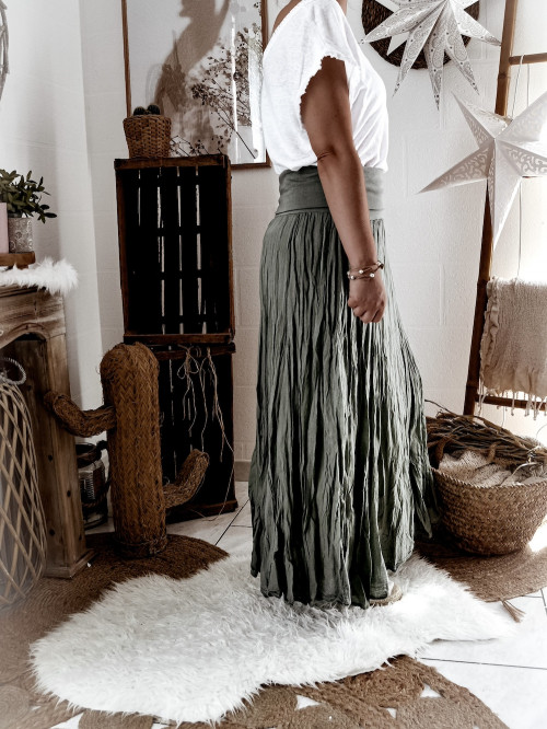 Jupe Kaki en Voile de Coton Made in Italy - Taille Unique, Élastique et Légère Jupe Kaki en Voile de Coton Made in Italy - Taille Unique, Élastique et Légère