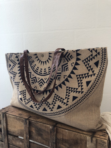 Cabas toile de jute pas cher sac jute mandala motif imprimé bohème chic