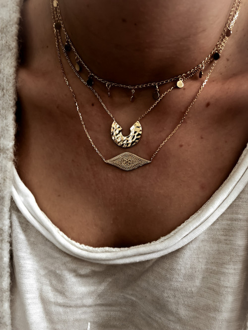 Collier plaqué or NINA femme chaine et pendentif demi cercle martelé froissé bijoux plaqué or tendance femme