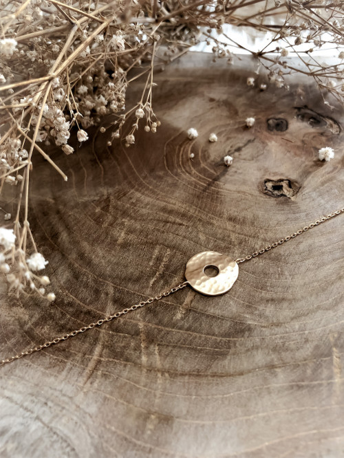 Bracelet plaqué or mercure chaine et plaque ronde martelé