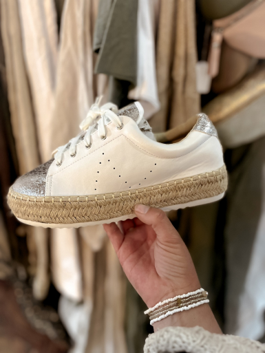 Basket blanche femme plateforme compensée semelle corde haute épaisse baskets sneakers espadrilles argenté irisé