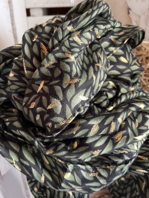 Grand Foulard Fluide Noir et Kaki avec Détails Dorés - 90x180 cm | Élégant et Doux