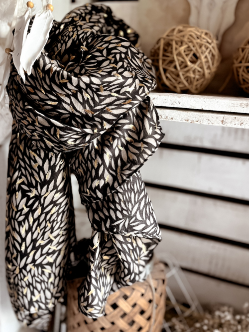 Grand foulard fluide taupe noir et détail doré lumineux