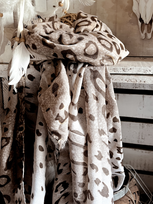 grand foulard fluide léopard taupe et doré