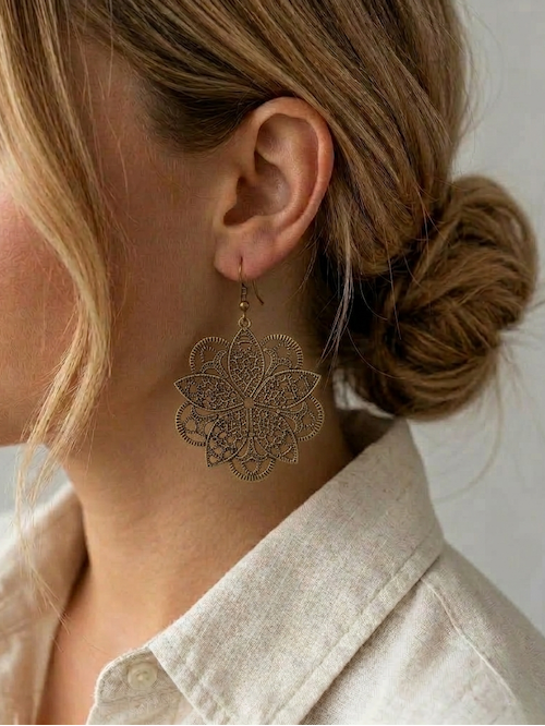 Boucle oreille laiton filigrane rosace