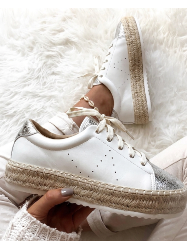 Basket blanche femme plateforme compensée semelle corde haute épaisse baskets sneakers espadrilles argenté irisé