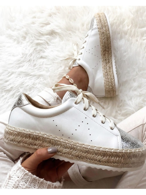 Basket blanche femme plateforme compensée semelle corde haute épaisse baskets sneakers espadrilles argenté irisé