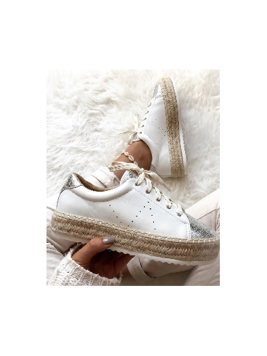 Basket blanche femme plateforme compensée semelle corde haute épaisse baskets sneakers espadrilles argenté irisé