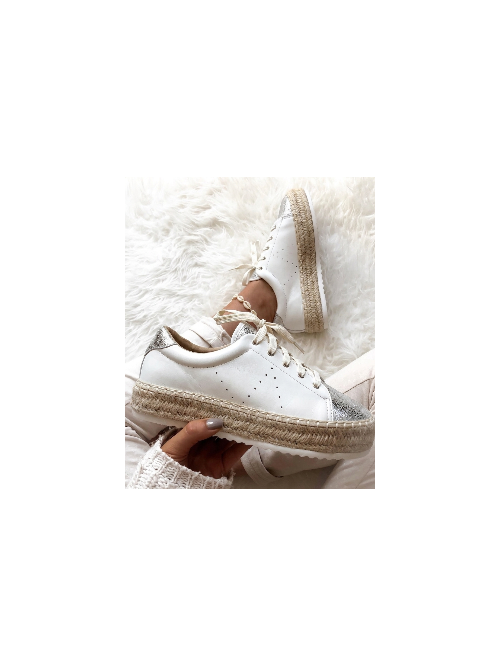Basket blanche femme plateforme compensée semelle corde haute épaisse baskets sneakers espadrilles argenté irisé